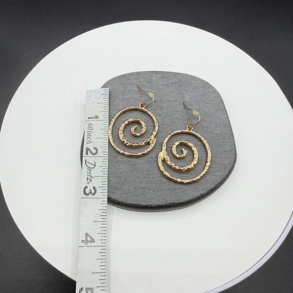 Gold Tone Hammered Spiral Dangle Earrings Large Swirl Boho Statement Jewelry